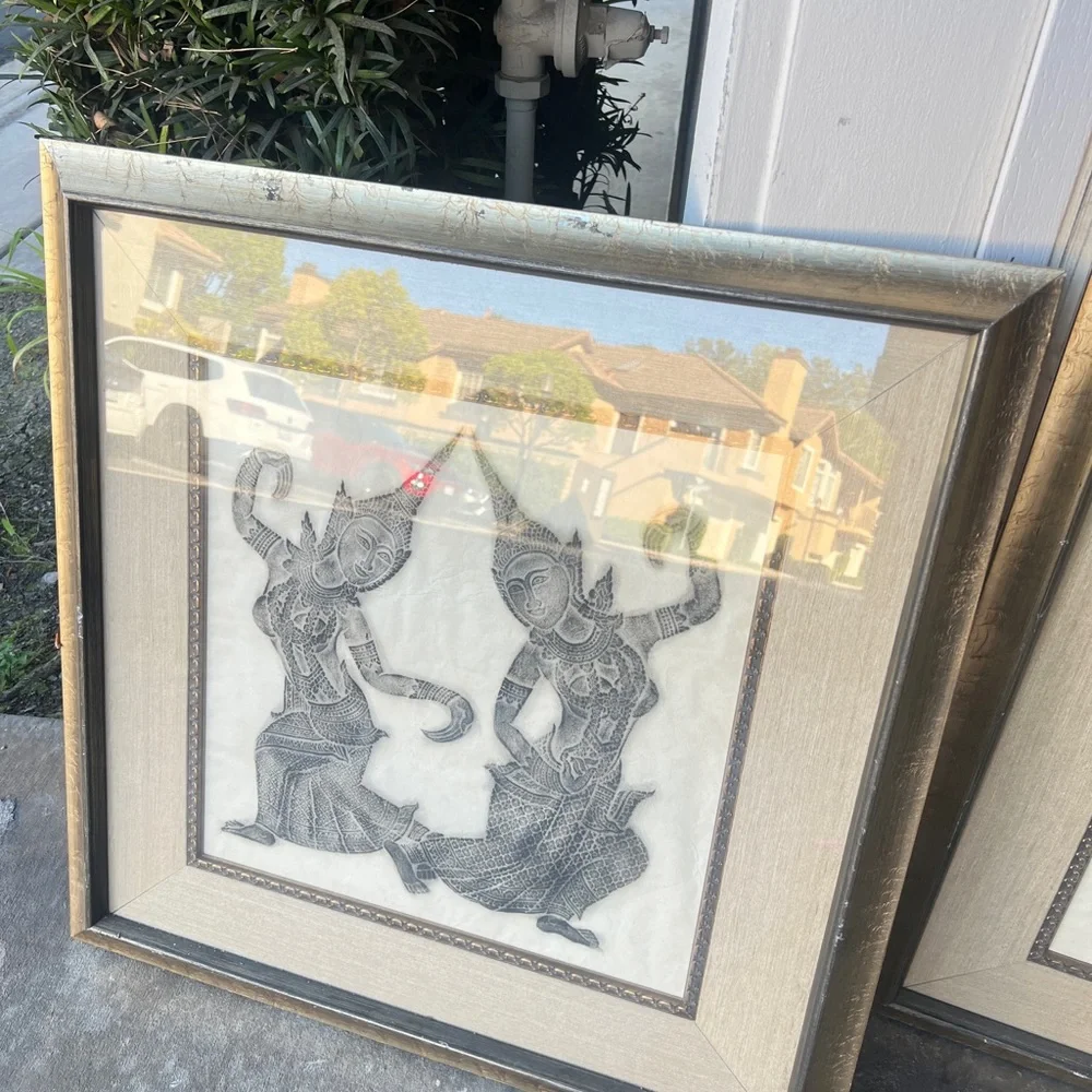 Mid Century Blue Thai Temple Rubbing Rice Paper Art Buddha 22x25 FRAME‎ 2 Set